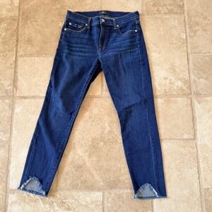 7‎ For All Mankind Womens Skinny Ankle Jeans Indigo Raw Hem Blue Denim